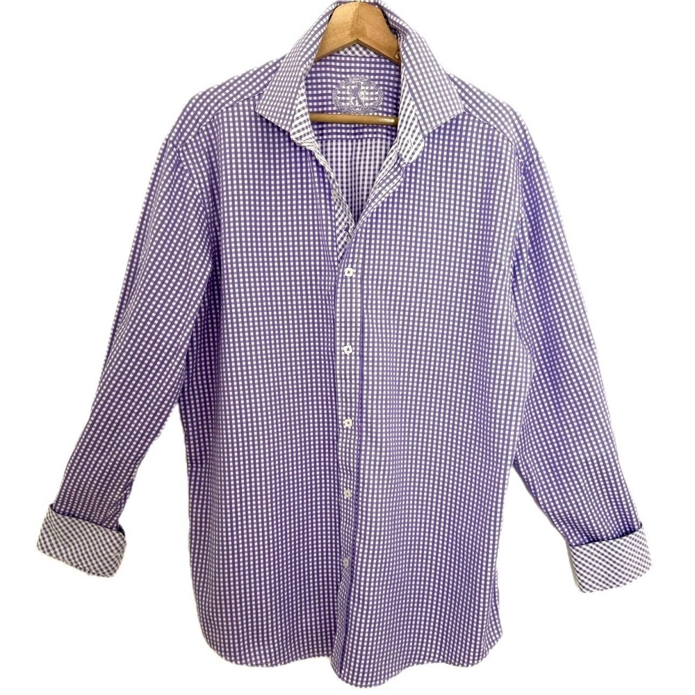 Bugatchi Mens‎ Purple Gingham Cotton Shirt Shaped Fit Euro Summer XL